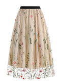 Retro Embroidery Mesh Elastic Waist Skirts for Women