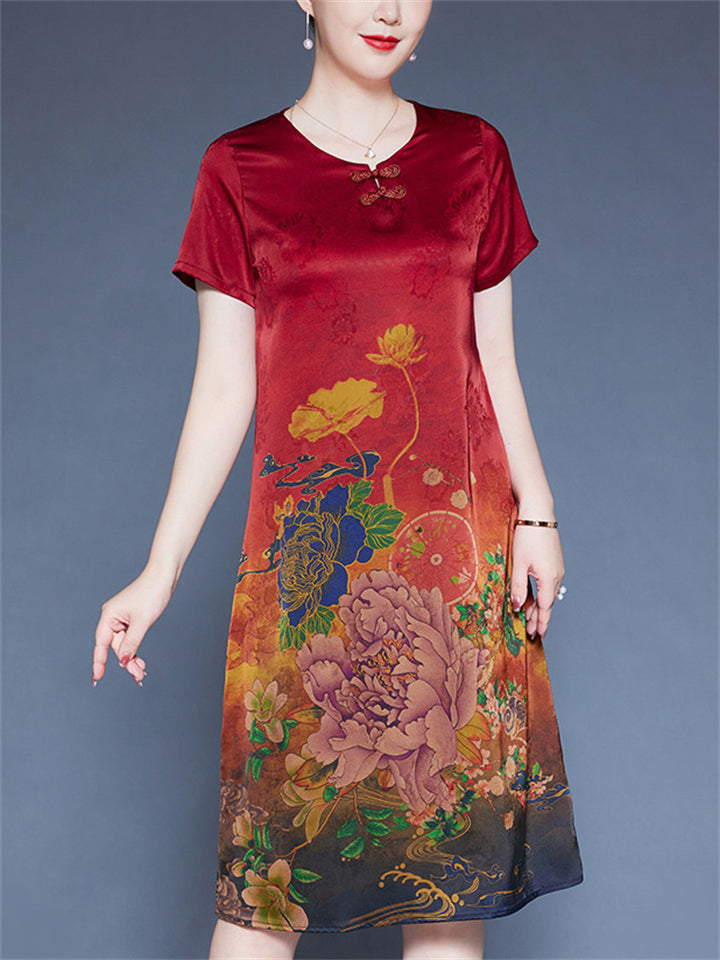 Women's Floral Print O-neck Frog Buttons Short Sleeve Satin Dress