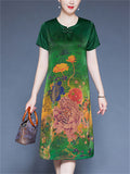 Women's Floral Print O-neck Frog Buttons Short Sleeve Satin Dress