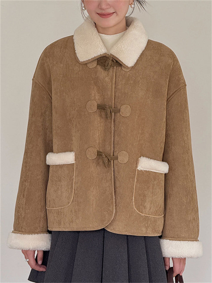 Women's Winter Vintage Solid Color Fleeced Faux Suede Long Sleeve Coats