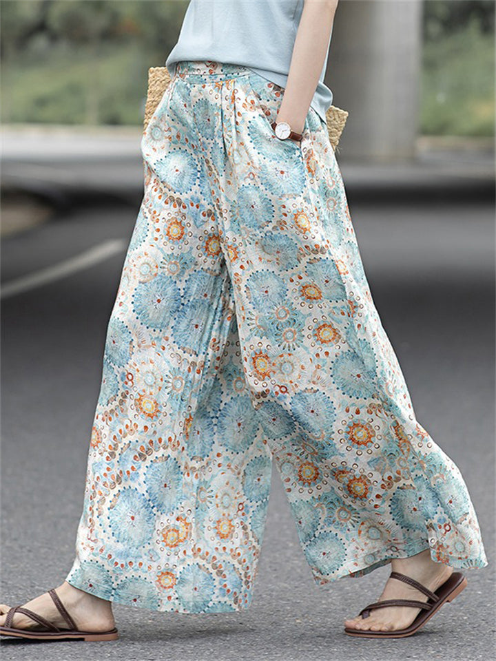 Women's Summer Retro Print Wide Leg Cropped Pants