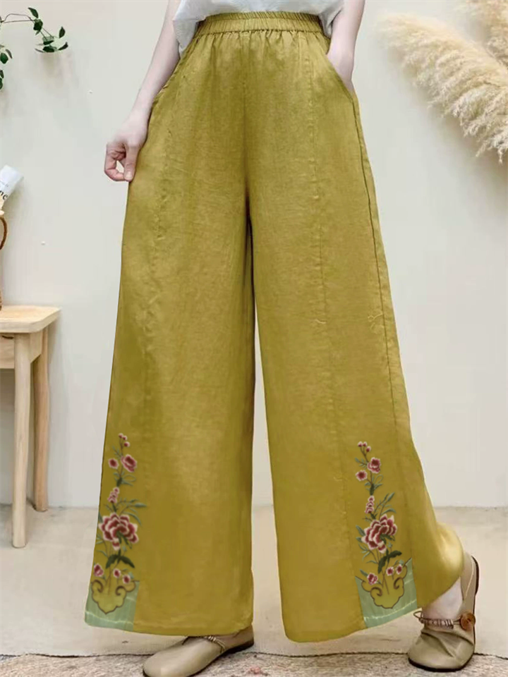 Retro Yellow Floral Embroidered Elastic Wide Leg Pants for Women