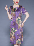 Flower Print O-neck Short Sleeve A-Line Dress for Women