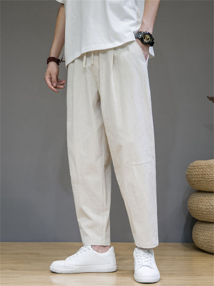 Chinese Style Summer Solid Color Cotton Blend Loose Pants for Men
