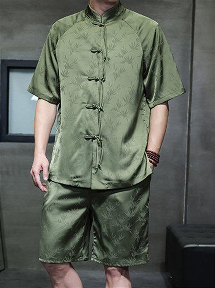 Men's 2Pcs Summer Bamboo Jacquard Stand Collar Short Sleeve Solid Color Outfits