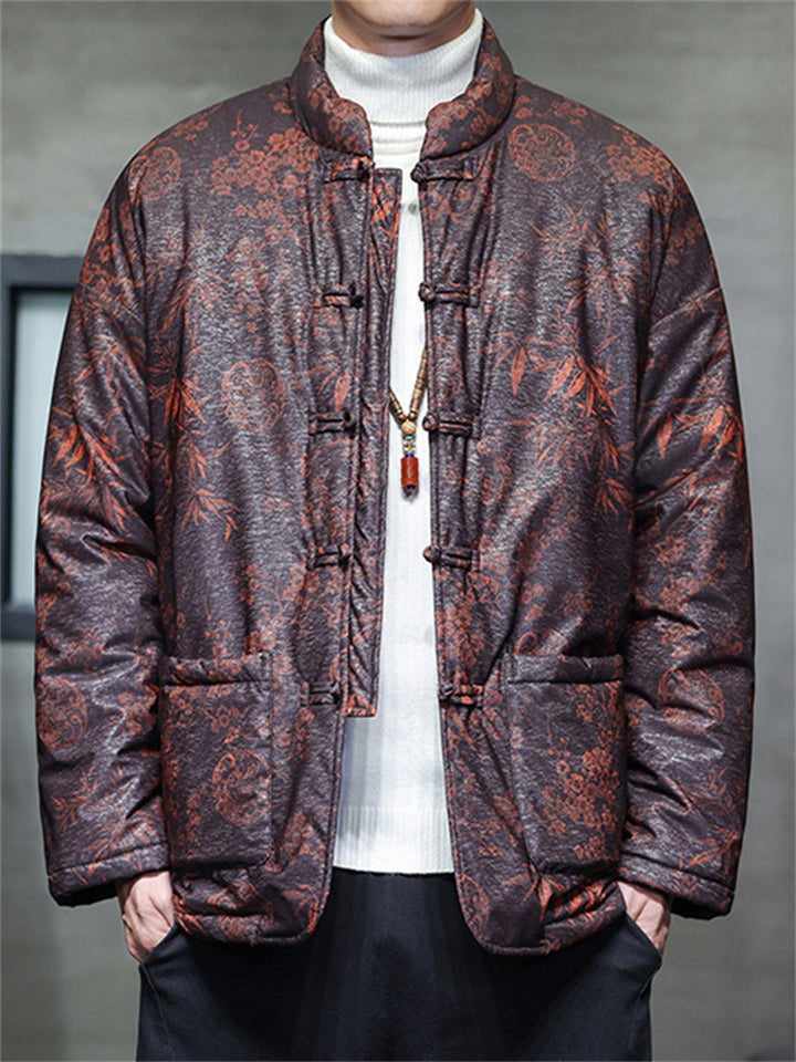 ‌Men's Winter Casual Thermal Lined Floral Print Stand Collar Tangsuit Coats