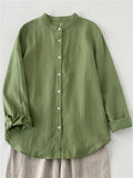 Women's Casual Green Solid Color Stand Collar Long Sleeve Shirts