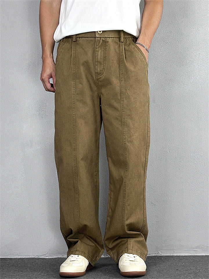 Men Vintage Simple Cotton Elastic Waist Loose Fit Wide Leg Cargo Pants