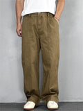 Men Vintage Simple Cotton Elastic Waist Loose Fit Wide Leg Cargo Pants