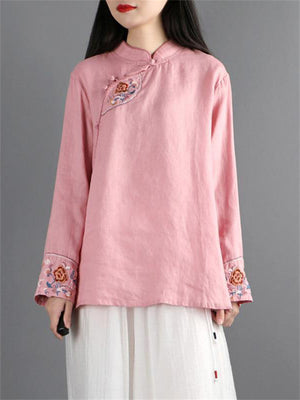Ancient Chinese Style Floral Embroidery Linen Shirt for Women