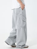 Men's Distressed Solid Color 3D Pockets Wide Leg Straight Jeans