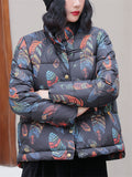 Women's Retro Print Stand Collar Long Sleeve Padded Coat