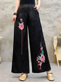 Women's Ethnic Style Flowers Embroidered Comfy High Rise Pants