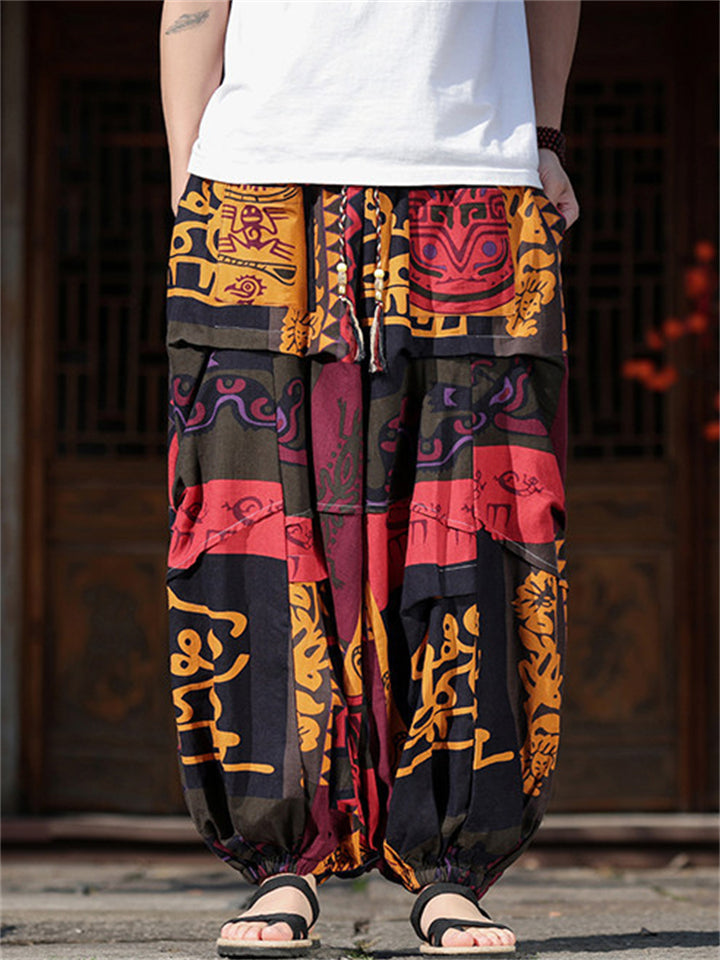 Men's Tribal Print Wide Leg Cropped Baggy Harem Pants