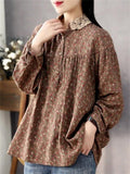 Women's Loose Floral Print Long Sleeve Lace Patchwork Collar Shirts