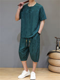 Men's 2Pcs Cool Casual Floral Print Quarter Button Round Neck TangSuit Outfits