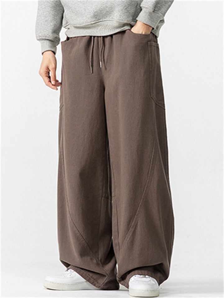 Men Japanese Style Baggy Drawstring Wide Leg Pants with Pockets