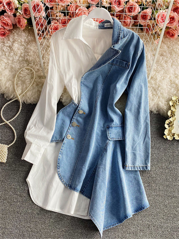 Women's Trendy Asymmetric Hem Denim Shirt Patchwork Dress