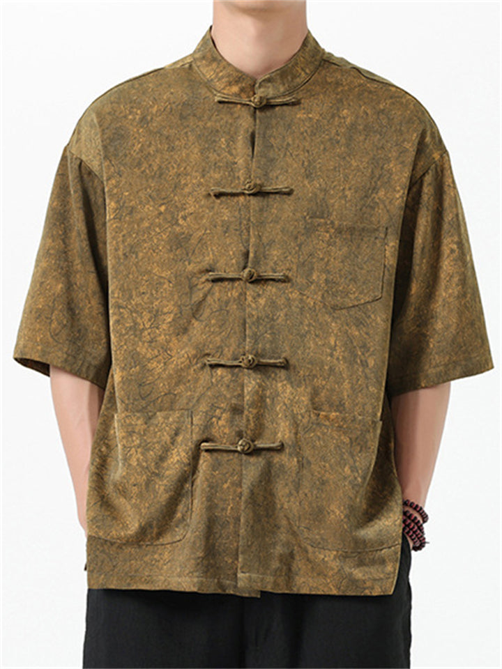 Men's Texture Print Stand Collar Half Sleeve Tang Suit Shirts