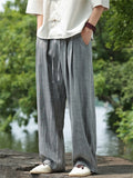 Men's Retro Solid Color Gray Linen Wide Leg Straight Pants
