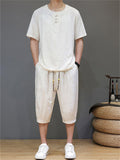 Men's 2Pcs Cool Casual Floral Print Quarter Button Round Neck TangSuit Outfits