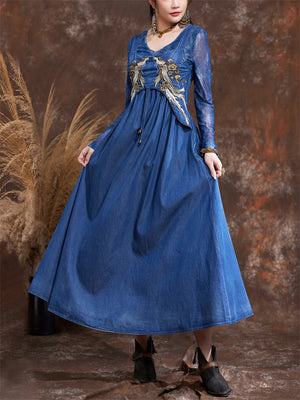 Summer Sleeveless Blue Denim Embroidery Suspender Dress