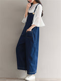 Female Solid Color Wide Leg Demin Overall Cropped Jumpsuits