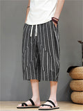 Men's Cotton Linen Stripe Drawstring Capri Pants