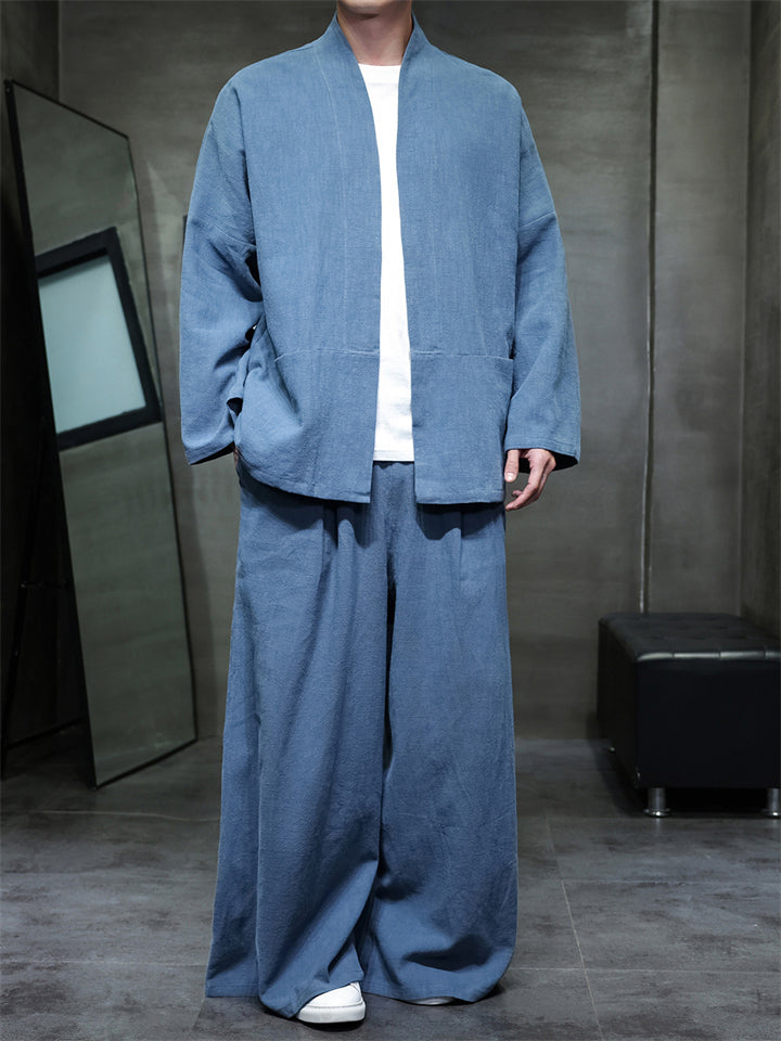 Chinese Style Vintage Men's Loose Fit Cotton Linen Kung Fu Tai Chi Suit Set