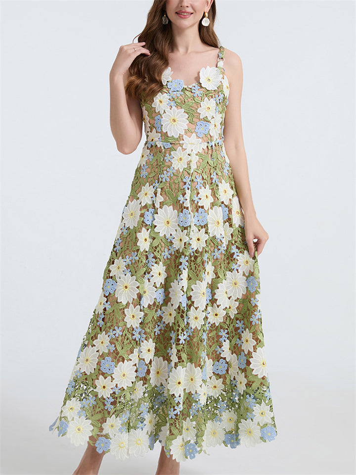 Women's Lace Flowers Embroidery Strap Big Hem Dress