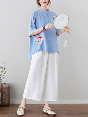 Women's Flowers Embroidered Stand-up Collar Half Sleeve Shirt