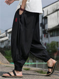 Men's Black Hanzi Embroidered Ice Silk Bloomers Summer Pants
