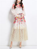 Women Two-piece Lantern Sleeve Shirt and Elastic High Waist Lace Skirt