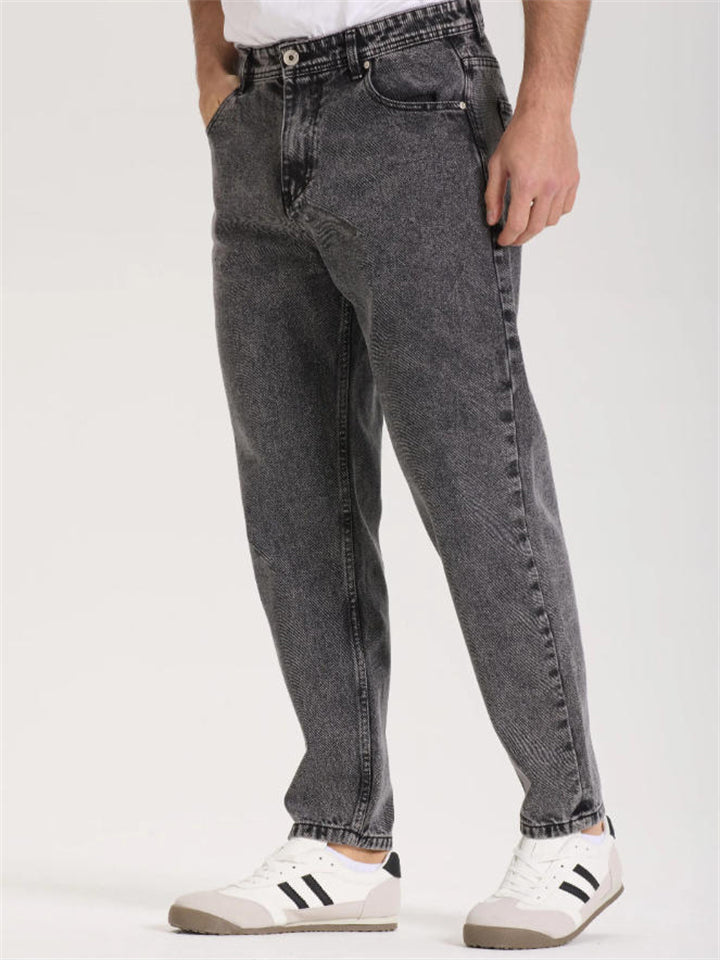 Men Vintage Wash Jeans Tapered Fit Straight Leg Denim Pants