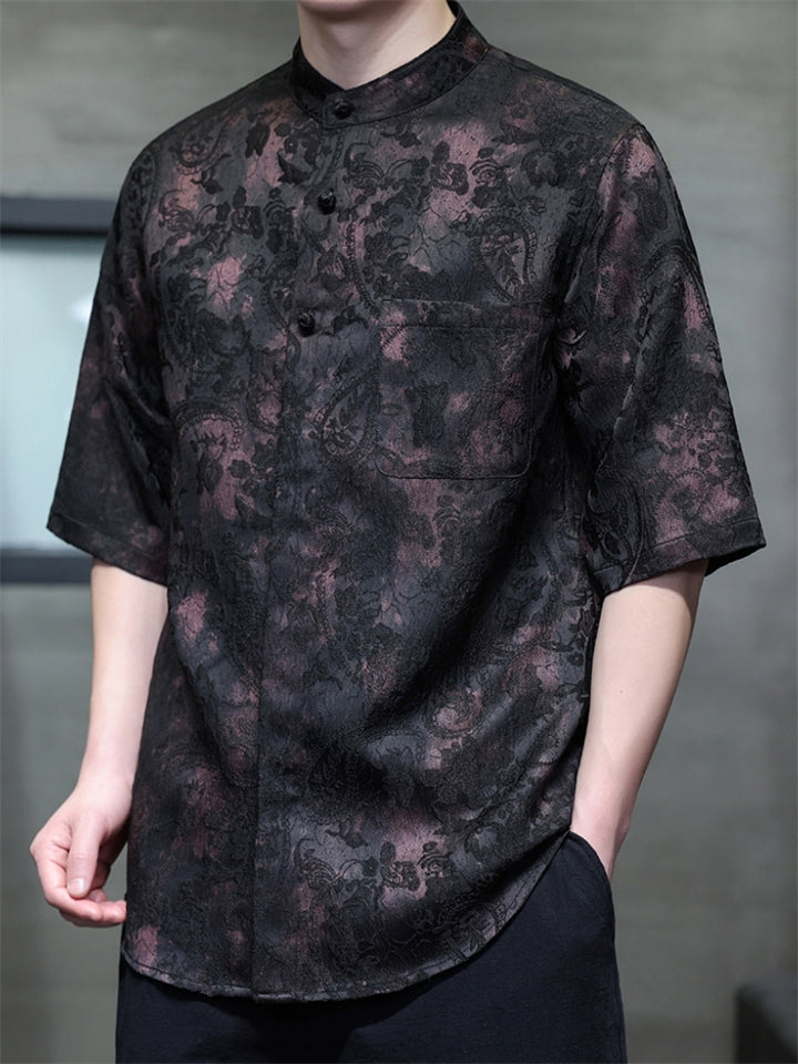 Men's Chinese Style Tie-dye Jacquard Mandarin Collar Short Sleeve Shirts