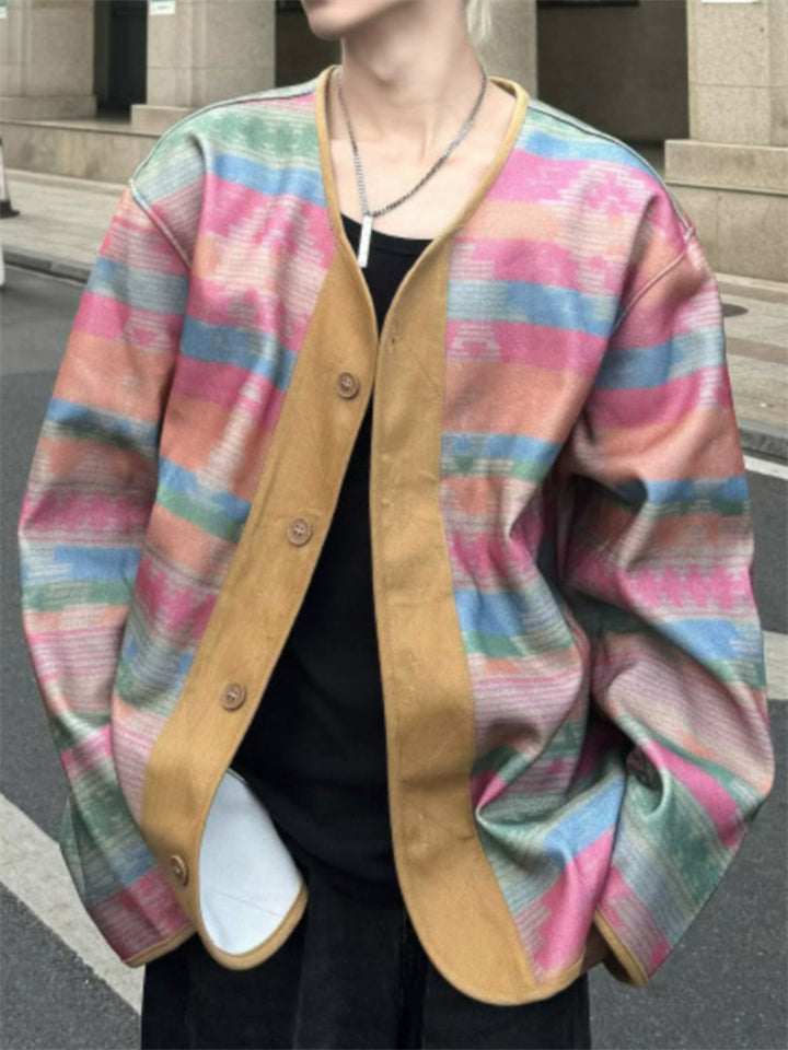 Men's Trendy Dopamine Contrast Color V Neck Button Up Jackets