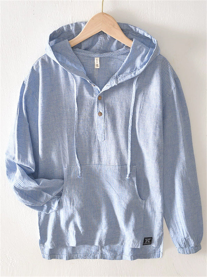 Men's Casual Striped Hooded Kangaroo Pocket Long Sleeve Shirts