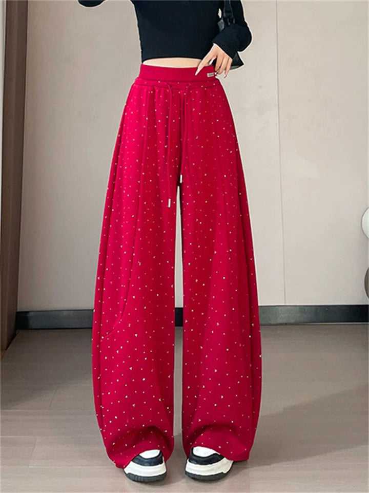 Women's Casual Rhinestone High Waist Baggy Wide Leg Sweatpants