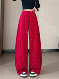 Women's Casual Rhinestone High Waist Baggy Wide Leg Sweatpants