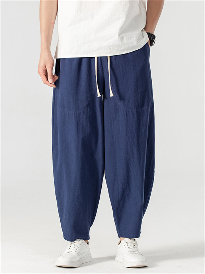 Plus Size Men's Cotton Solid Color Wide Leg Cropped Pants