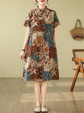 Women's Retro Ethnic Style Print A-Line Cheongsam Midi Dress