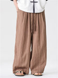 Mens Summer Vintage Chinese Zen Style Striped Wide Leg Lounge Pants