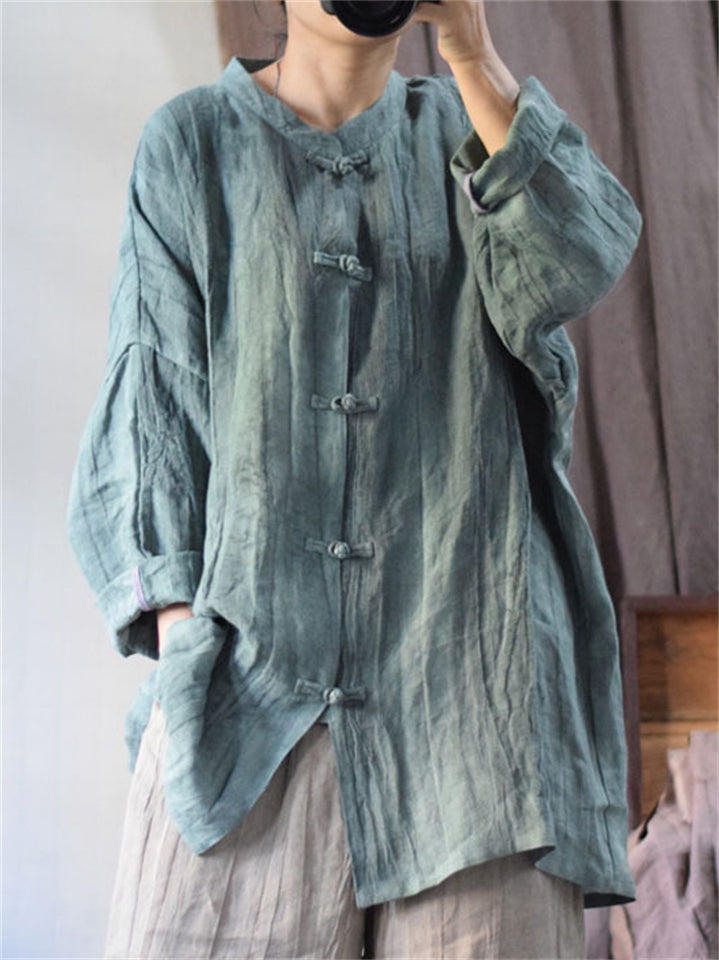Retro Loose Linen Stand Collar Distressed Textured Shirt for Women