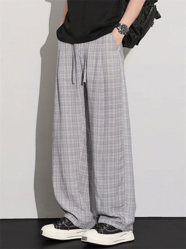 Mens Comfy Breathable Casual Plaid Loose Fit Drawstring Wide Leg Pants
