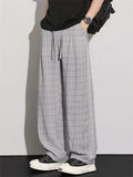 Mens Comfy Breathable Casual Plaid Loose Fit Drawstring Wide Leg Pants