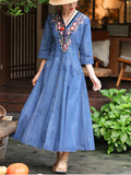 Women's V-neck Ethnic Floral Embroidery Button Pockets Denim Dress