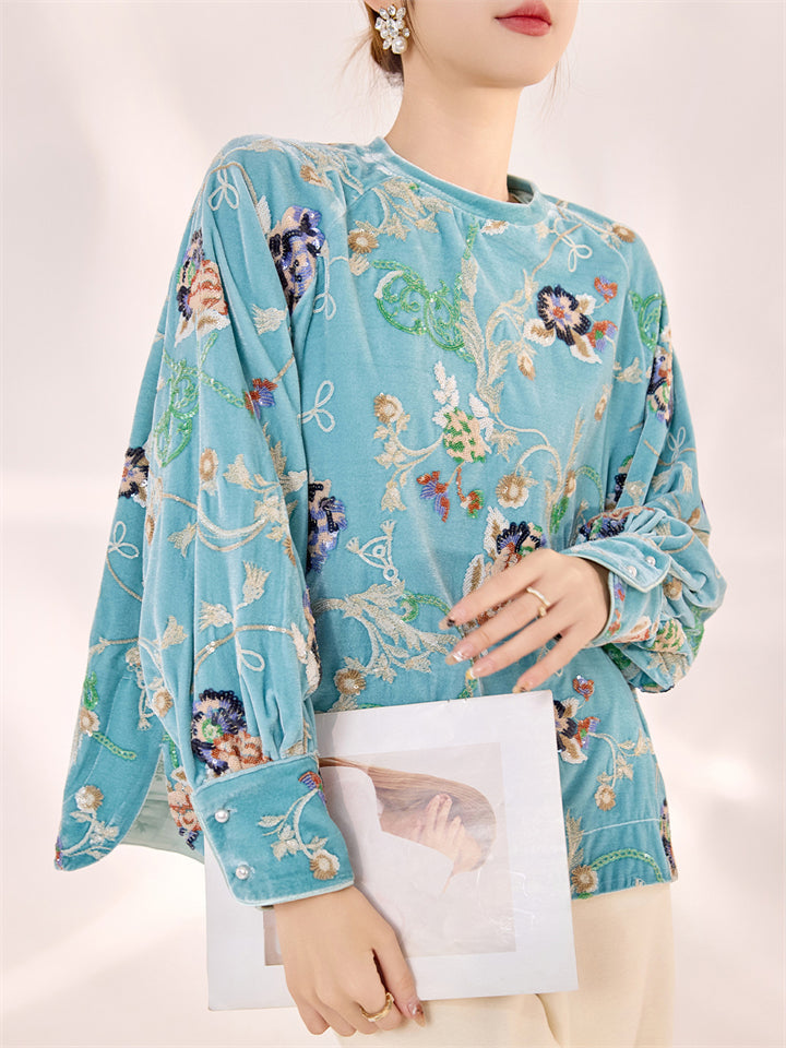 Women's Beautiful Vintage Chinese Style Floral Embroidered Pullover Shirt