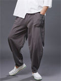 Ramie Loose Front Pockets Elastic Waist Harem Pant  for Men