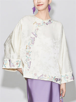Chinese Style Round Neck Long Sleeve Jacquard Shirt for Women