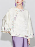 Chinese Style Round Neck Long Sleeve Jacquard Shirt for Women